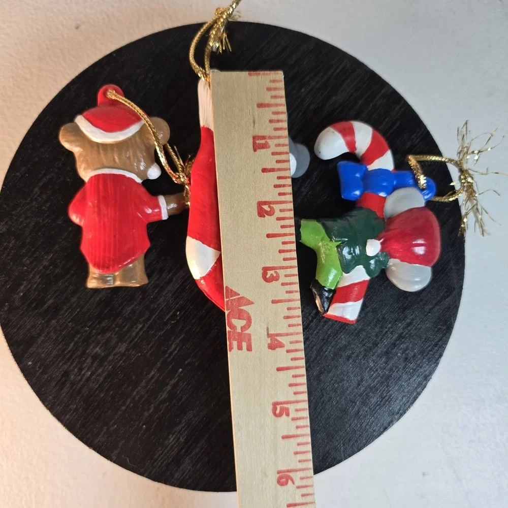 Vtg Ceramic Christmas Ornaments Lot of 3 Bear Santa,Mice in Stocking, Candy Cane
